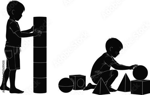 Children playing with geometric shapes, silhouette illustration, early learning through play, spatial reasoning, educational activity, preschool kids, vector design, black and white