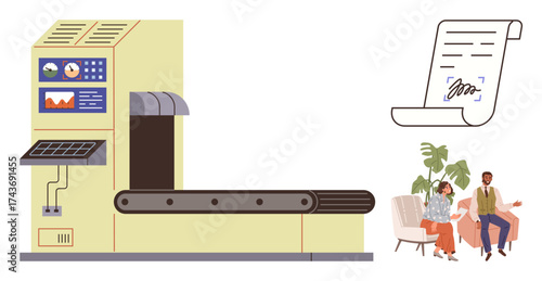 Conveyor machine processing documents, signed contract illustration, and businesspeople engaged in friendly discussion. Ideal for automation, business workflow, innovation, agreement, technology