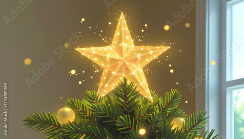 star tree topper glowing, pale gold watercolor shine, rays bloom