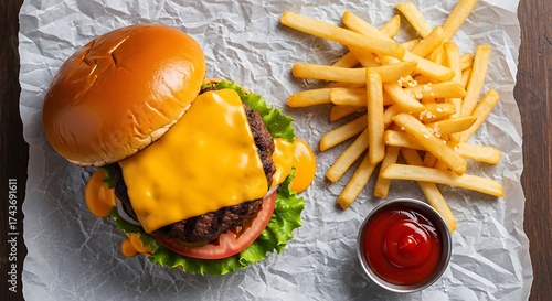 Overhead shot of a cheeseburger with fries and ketchup on crumpled wax paper and wooden table top