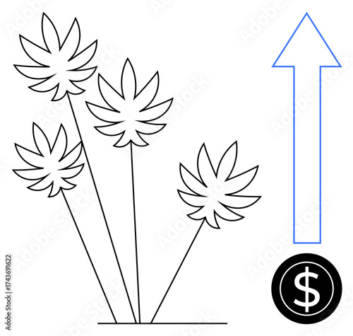 Cannabis leaves linked to upward arrow and dollar sign highlight increasing value, market growth, and financial potential. Ideal for agriculture, business, economy, investment, trends, profits