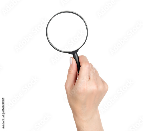 Woman hand holding magnifying glass, isolated object with transparent background PNG, tool for search, inspection, investigation, analysis, focus or discovery concept