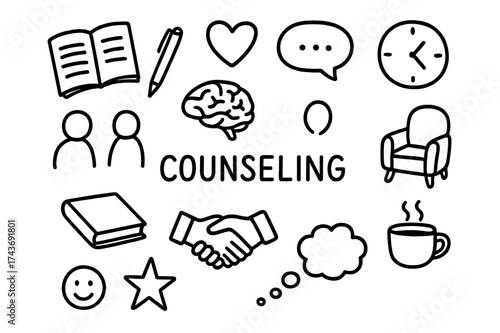 Counseling Doodle Icons. Counseling. Hand-drawn doodle illustration counseling notebook, pen, heart, brain, speech bubble, clock, chair, people,