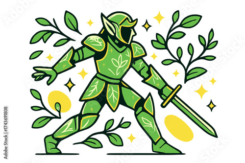 Elegant Elven Armor. Elven armor. A glowing slim suit of armor with leaf motifs, abstract floating vines, stars, and sparkles symbolizing agility and nature?s