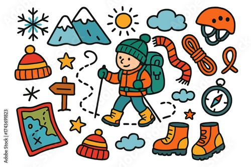 Snowy Adventure Icons. Snow Hiking. Colorful Hand-drawn doodle Children illustration snowflake, mountain, boots, backpack, rope, helmet, compass, map, scarf,