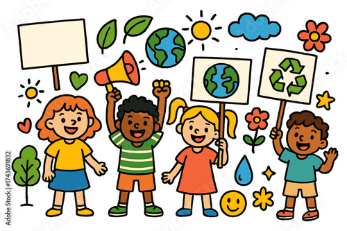 Activist Kids Icons. Activist Kids. Colorful Hand-drawn doodle Children illustration children holding signs, megaphone, globe, leaf, recycling symbol, tree,