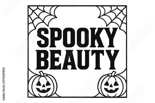 Spooky Poster Design. Spooky Beauty ? Bold Block Lettering, stacked uppercase with chunky geometric serifs, heavy outline and flat 3D shading, poster-style