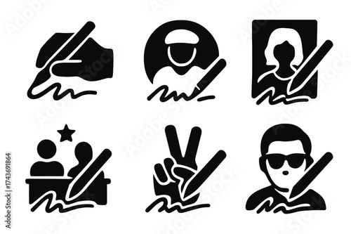 Iconic Logo Grid. Photography of cultural icons and influencers. Set Logo of autograph signing: Negative space, Stylized detail, Flat solid, Minimal outline,