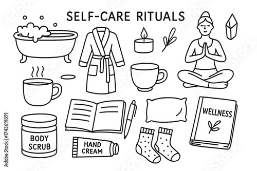 Self-Care Essentials. Self-care rituals. Hand-drawn doodle illustration self-care rituals hot bath tub, bathrobe, yoga candle, crystal, herbal cup, journal
