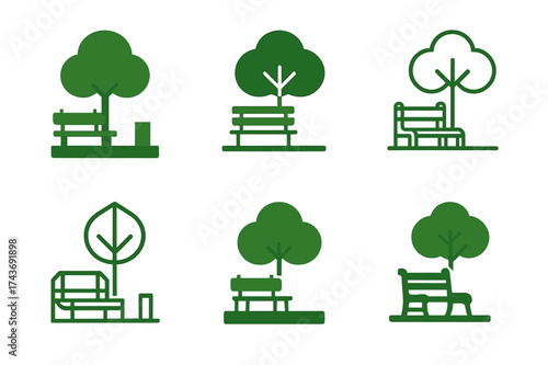 Environmental Logo Variations. Environmental justice. Set Logo of Environmental justice: Urban green space / community park with bench and tree. harmonious