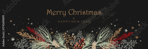 Merry Christmas and Happy New Year. Congratulatory poster with hand-drawn botanical winter composition, bright creative design for banner, cover, postcard.