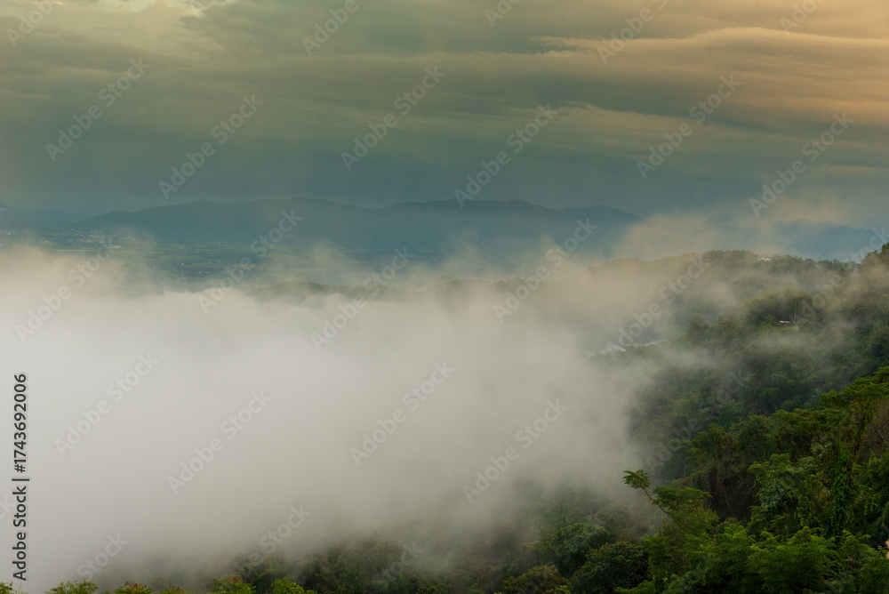 Fototapeta premium Amazing landscape fog mountain clouds scenery. Beautiful Mountain landscape foggy windy mountain range green landscape asian farm. Landscape mountain green field meadow white cloud blue sky sunrise