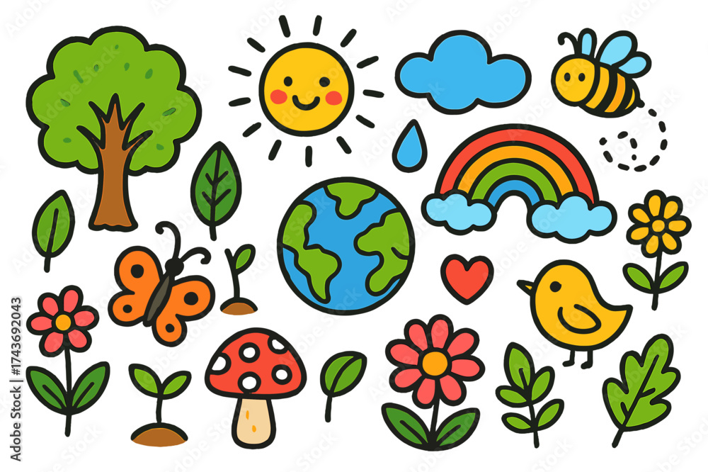 Fototapeta premium Nature's Doodle Delight. Nature Inspired. Colorful Hand-drawn doodle Children illustration Tree, leaf, flower, sun, butterfly, bird, sprout, mushroom, cloud,