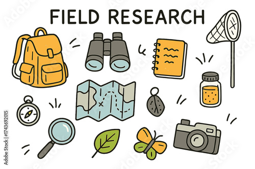 Field Research Essentials. Field Research. Hand-drawn doodle illustration backpack (colored), binoculars, map (colored), compass, notebook (colored),