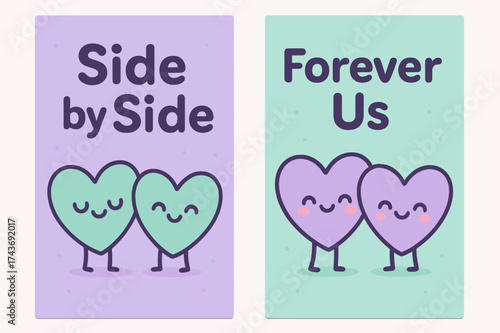 Kawaii Heart Banners. Love. Two vertical A6 banners with safe margins, centered composition, no elements touching edges, kawaii style, lavender and mint, cute