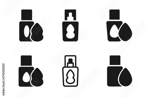 Foundation Logo Variations. Foundation bottles and sponges. Set Logo of Foundation bottles and sponges: Bottle with sponge applicator. harmonious