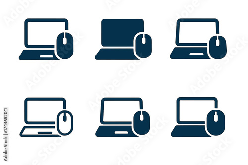 Wireless Mouse Logos. Using a wireless mouse at the desk. Set Logo of Using a wireless mouse at the desk: Laptop with mouse beside it. harmonious