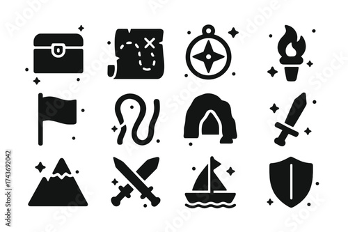 Adventure Icons Collection. Adventure Play. Solid icons set of Adventure Play: treasure chest, pirate map, compass, spyglass, flag, rope, cave,