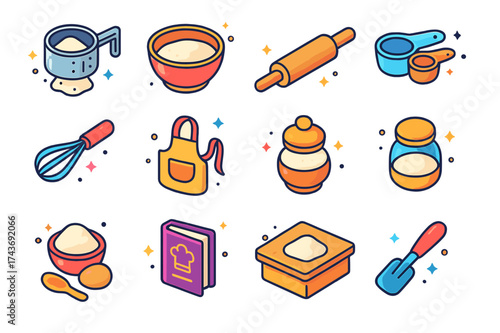 Colorful Baking Icons. Flour baking. Colorful isometric vector icons set of flour baking: sifter with flour, mixing bowl, rolling pin, measuring cups, whisk,