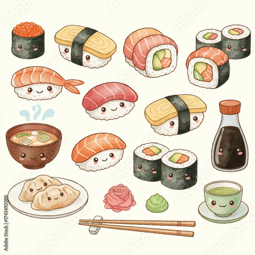 set of collection japanese kawai sushi watercolor elements