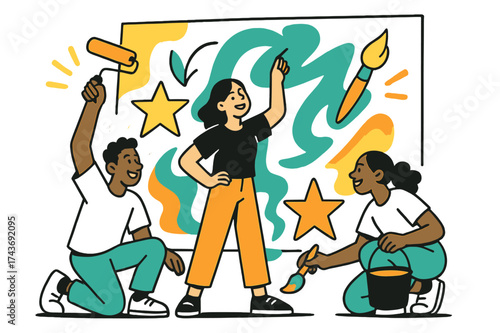 Collaborative Mural Magic. Group creativity. Students glowing while painting a large shared mural on wall. Floating icons of star, arrows, and brush showing