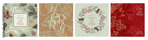 Merry Christmas. A set of square festive backgrounds with winter botanical ornaments. Ideal for postcards, stickers, labels, covers, posters.