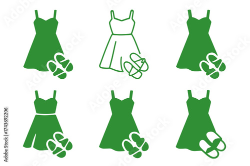 Summer Dress Logos. Summer dress against green backdrop. Set Logo of Summer dress against green backdrop: Sandals beside dress. harmonious logo variations of