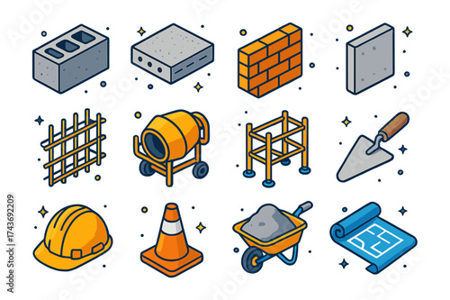 Isometric Construction Icons. Concrete walls. Colorful isometric vector icons set of concrete walls: cinder block, reinforced concrete slab, brick pattern,