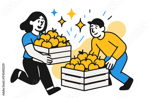 Abundant Apple Harvest. Apple bounty. Two overflowing crates of apples glowing with freshness, abstract stars and lines floating upward to symbolize plenty.