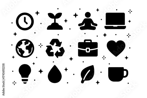 Sustainable Work-Life Icons. Work-life sustainability. Solid icons set of Work-life sustainability: clock, plant sprout, yoga pose, laptop, globe, recycling