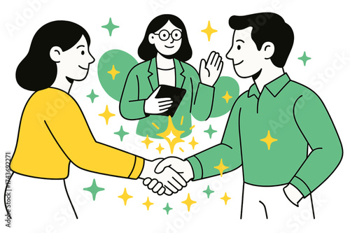 Trust Reimagined. Rebuilding Trust. A glowing couple shaking hands with counselor?s support, abstract floating spark and star shapes symbolizing renewal.