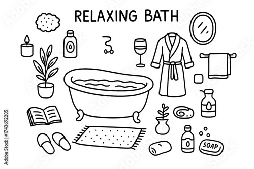 Relaxing Bath Essentials. Relaxing Bath. Hand-drawn doodle illustration Relaxing Bath bathtub, candle, towel, sponge, shampoo, wine glass, plant, bathrobe,