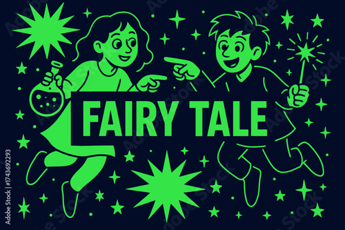 Magical Midnight Scene. characters floating and pointing at banner, holding potion and wand, midnight blue and neon green color scheme, high contrast between