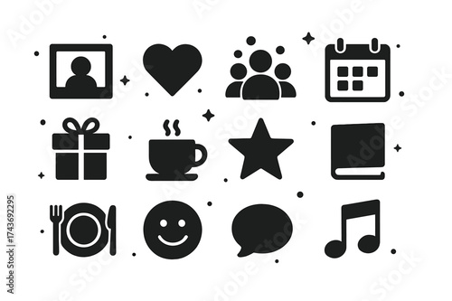 Life Icons Grid. Life moments. Solid icons set of Life moments: photo frame, heart, group of people, calendar, gift box, coffee cup, star, book, meal plate,