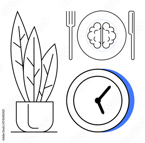 Potted plant, brain on plate with cutlery, and clock suggesting wellness, mindfulness, time management, nutrition, balance, and mental health. Ideal for lifestyle self-care productivity simple
