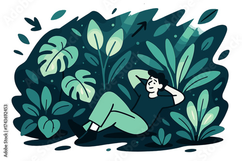 Glow in Jungle. Indoor jungle. Multiple glowing plants creating a lush environment, abstract floating leaves and light rays enhancing depth, a person relaxing