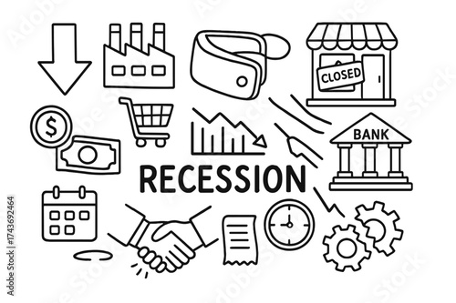 Recession Doodle Icons. Recession. Hand-drawn doodle illustration Recession factory, closed shop, empty wallet, cart, down arrow, graph chart, bank, coin,