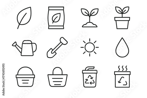 Organic Gardening Icons. Organic gardening. Line icon set of organic gardening: leaf, fertilizer bag, sprout, potted plant, watering can, shovel, sun, droplet,