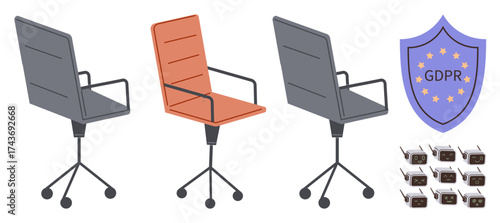 Three swivel office chairs, GDPR shield with stars, and grid of data servers. Ideal for themes thumbs up tech policy, cybersecurity, workplace design, data storage, regulation, privacy rights simple