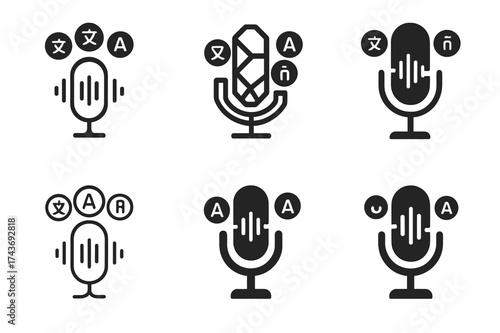 Language Interpretation Logos. Translators or interpreters working with languages. Set Logo of Translators or interpreters working with languages: Microphone