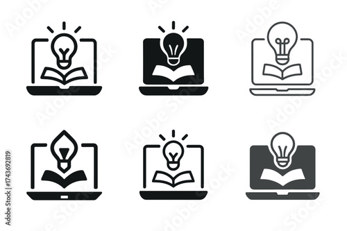 Diverse Learning Logos. Students using laptops and tablets in classrooms. Set Logo of learning icons: open devices with book and lightbulb symbols. harmonious