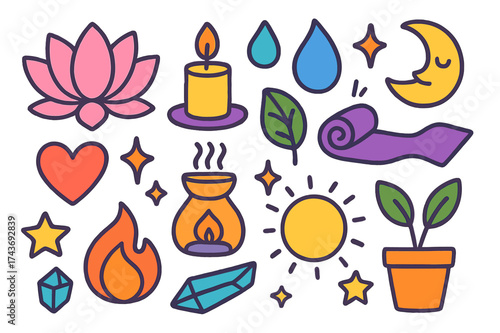 Wellness Symbols Doodle. Wellness. Colorful Hand-drawn doodle Children illustration Lotus flower, candle, heart, water drop, leaf, sun, moon, yoga mat,