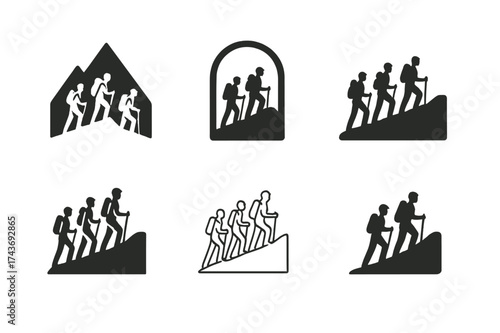 Hiking Group Logo Variations. Strengthening relationships through shared experiences. Set Logo of hiking group: silhouettes walking up a mountain trail.