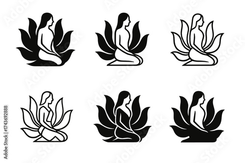 Kitsune Spirit Logos. A mythical creature blending human and animal features. Set Logo of kitsune spirit: human figure with fox tails. harmonious