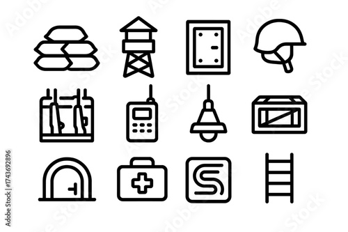 Shelter Defense Icons. Shelter Defense. Line icon set of Shelter Defense: sandbags, watchtower, metal door, helmet, weapon rack, radio, lamp, crate, bunker