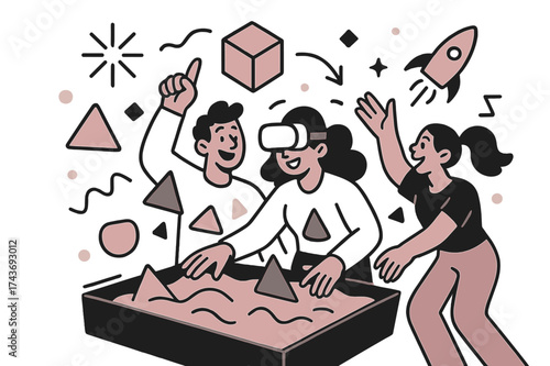 Futuristic VR Innovation Lab. Innovation lab. Team glowing while prototyping in VR sandbox with abstract shapes floating around. Floating spark, cube, and