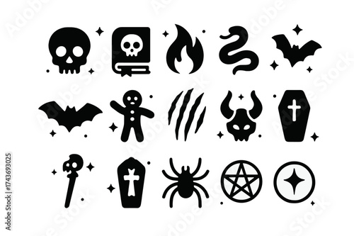 Dark Magic Icons. Dark magic spells. Solid icons set of skull, cursed book, black flame, snake, bat, voodoo doll, claw mark, demon horn, bone staff, coffin,