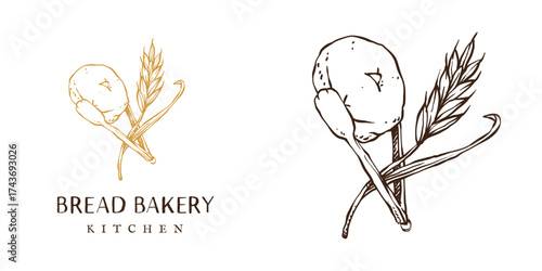 logo for bakery company business with illustration of tongs grab bread with stalk of wheat fresh organic food, hand drawn style
