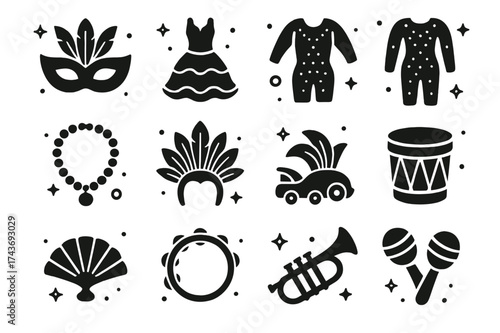 Carnival Icons Collection. Carnival costumes. Solid icons set of feather mask, samba dress, jester hat, sequined bodysuit, beads necklace, headdress, parade
