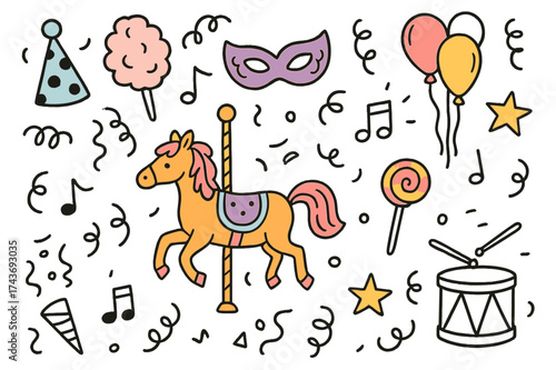 Carnival Carousel Colors. Festive Fun. Hand-drawn doodle illustration carousel horse (colored), candy floss, carnival mask (colored), clown hat, lollipop